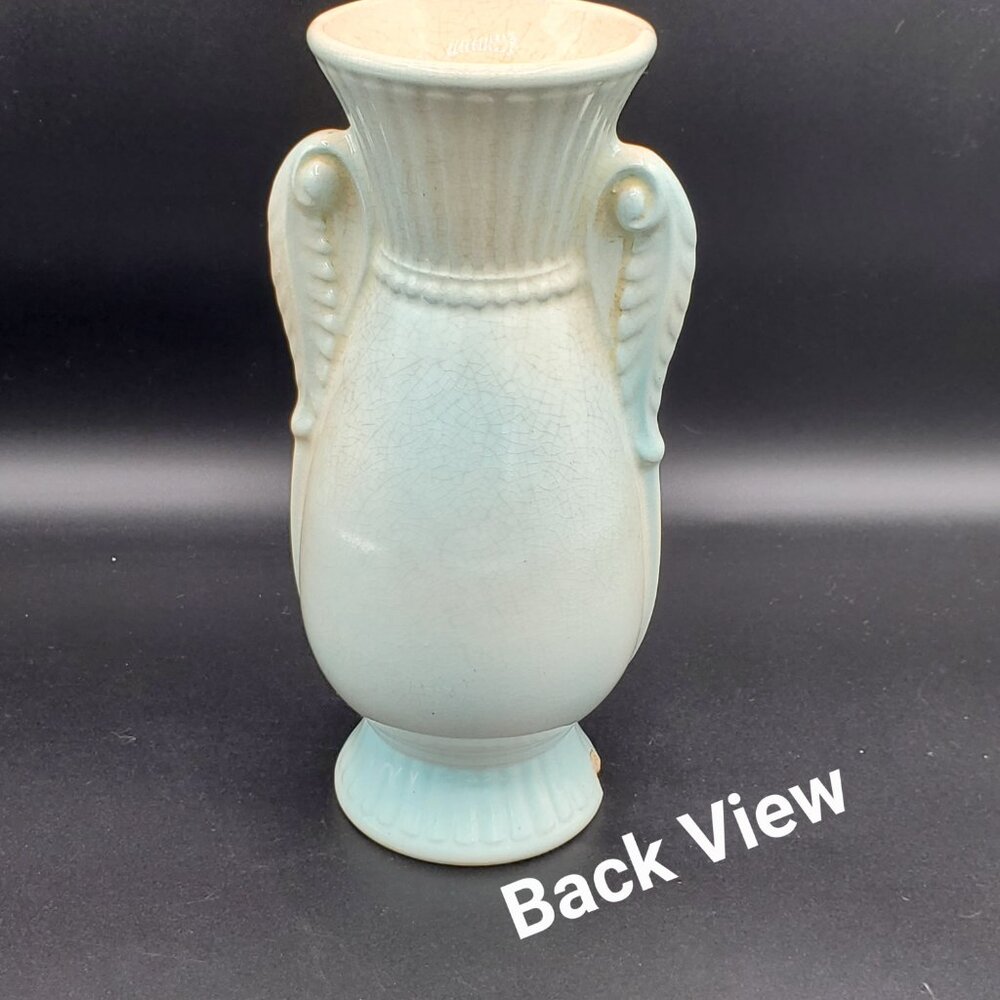 ROYAL COPLEY Vintage 1940s Ceramic Blue & Pink Double Handle Rose 7" Vase - Picture 2 of 6